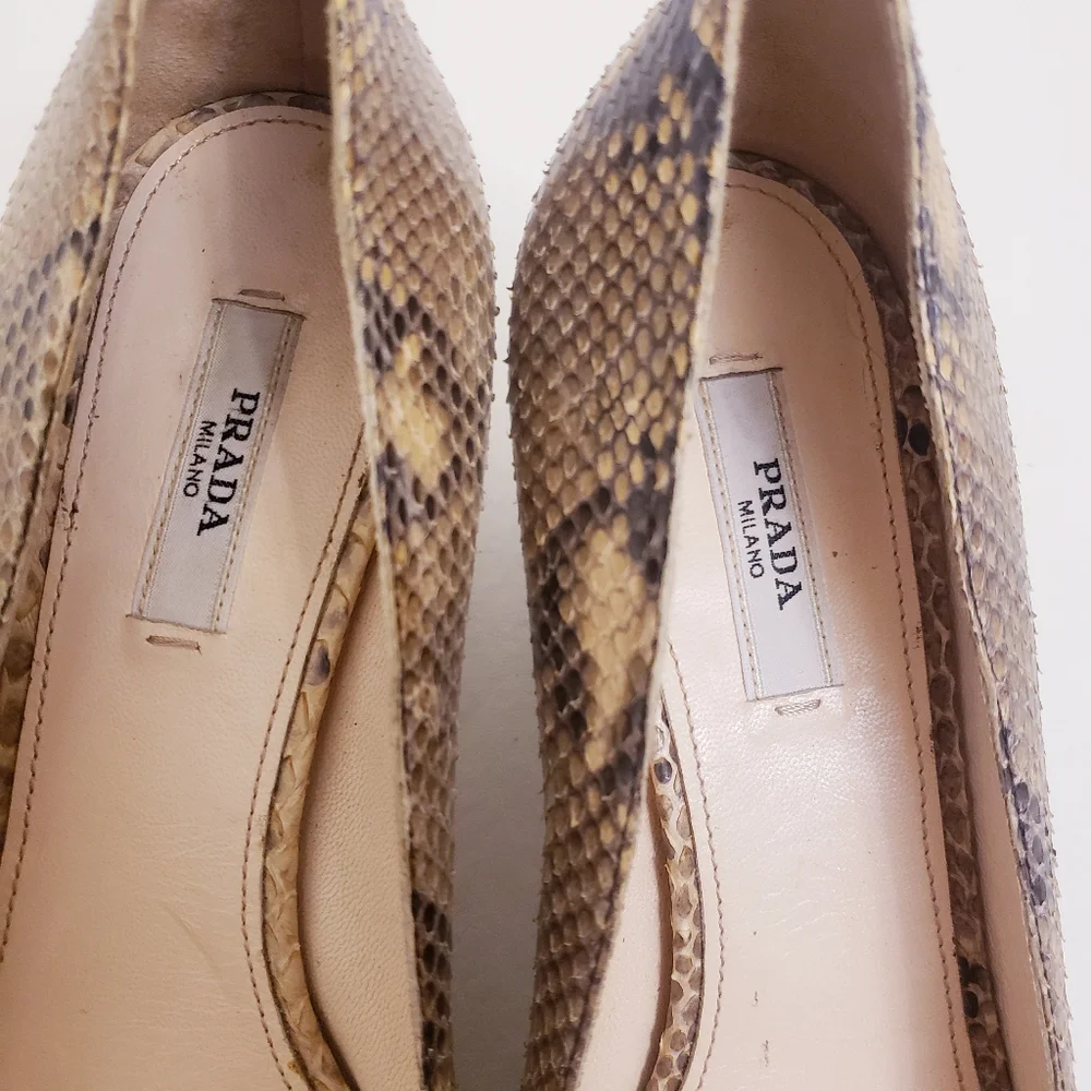 Prada Python Snakeskin Pattern Peeptoe Kitten Heels, Size 36.5